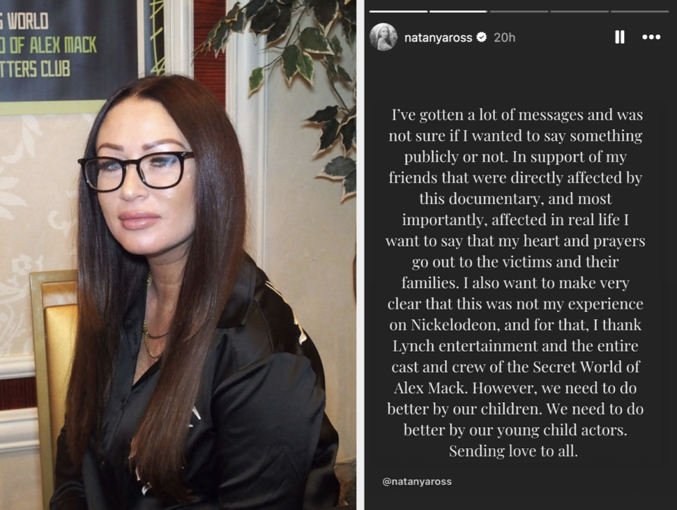 Natanya in glasses with long hair speaks in a video with text overlay expressing support for those affected by a documentary