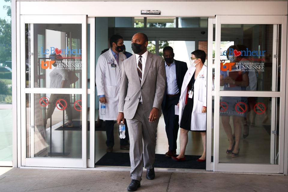 Shelby County Mayor Lee Harris walks out to a press conference dealing with pediatric cases of COVID-19 at Le Bonheur Children's Hospital on Friday, Aug 13, 2021. 