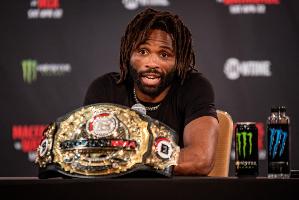 HONOLULU, HAWAII - APRIL 19: Raufeon Stots addresses the media ahead of his Bantamweight Grand Prix Championship bout for Bellator 295 on April 19, 2023, at Blaisdell Arena in Honolulu, Hawaii. (Photo by Matt Davies/PxImages/Icon Sportswire via Getty Images)