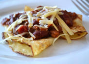 <b>Chilli con carne and cheese</b><br> We often tend to think of pancakes as sweet, but they make an excellent base for rich, savoury flavours too. Just top with some hot chilli con carne and finish with grated cheese for a light and tasty lunch.