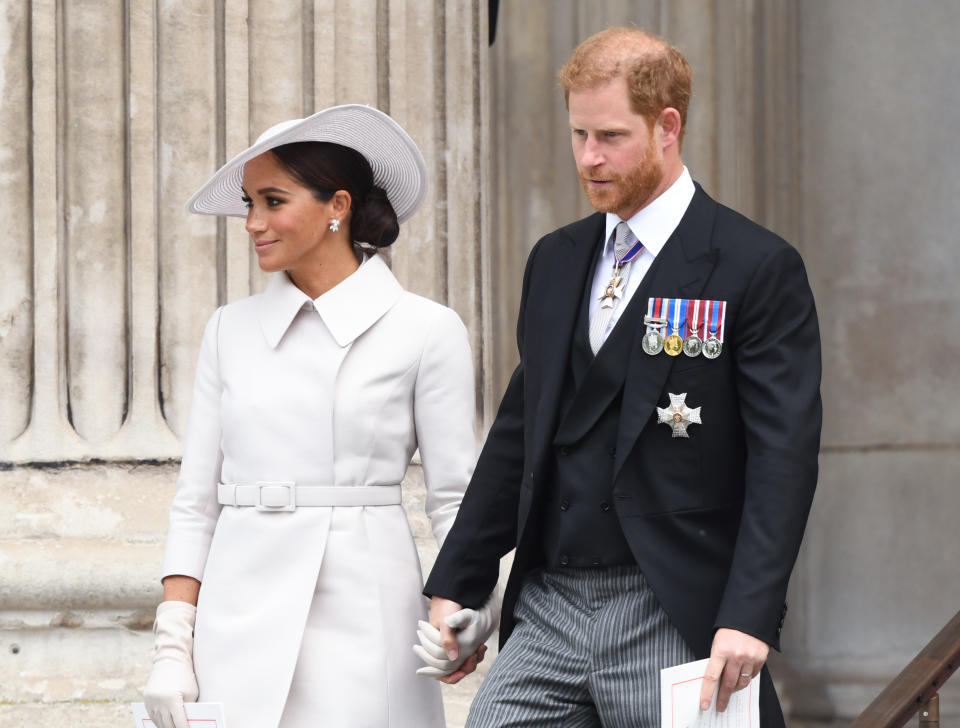 Meghan, The Duchess of Sussex and Prince Harry the Duke of Sussex attending Service of Thanksgiving to celebrate the Platinum Jubilee of Her Majesty The Queen  part of the Platinum Jubilee celebrations, St Paul�s Cathedral. Credit: Doug Peters/EMPICS