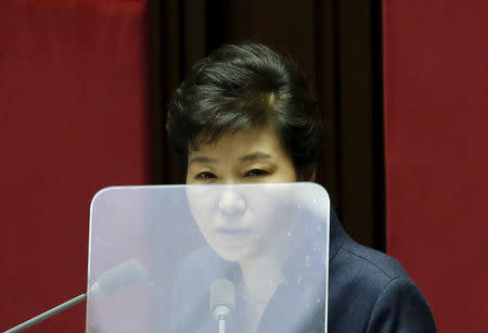 FILE PHOTO: South Korean President Park Geun-hye delivers her speech during a plenary session at the National Assembly in Seoul, South Korea, February 16, 2016. REUTERS/Kim Hong-Ji/File Photo