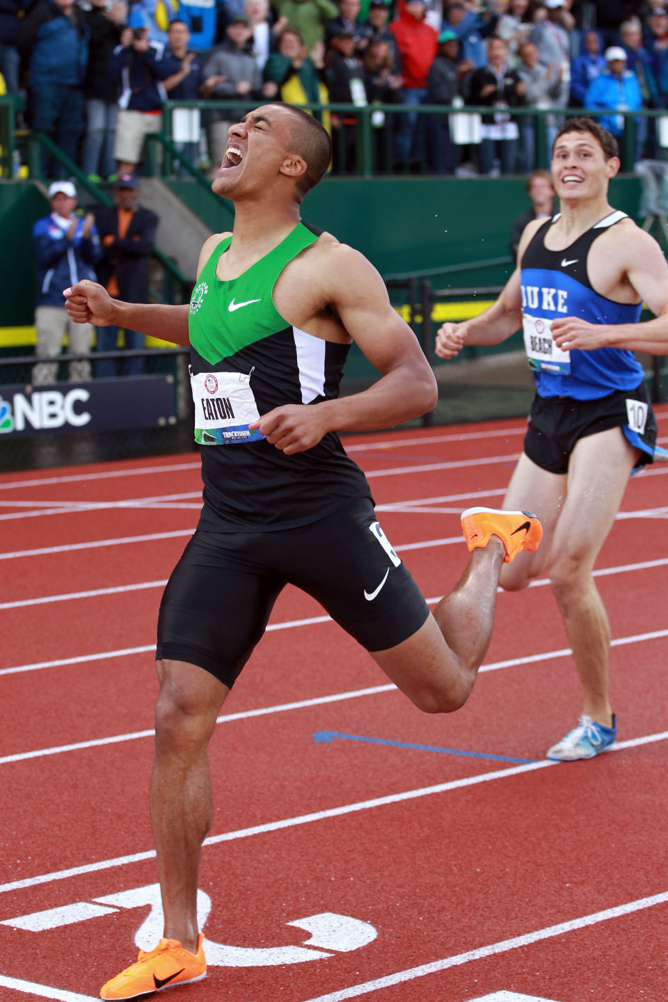 Ashton Eaton reacts after breaking the world record in the men's decathlon after competing in the 1500 meter run portion during Day Two of the 2012 U.S. Olympic Track & Field Team Trials at Hayward Field on June 23, 2012 in Eugene, Oregon. (Photo by Andy Lyons/Getty Images)