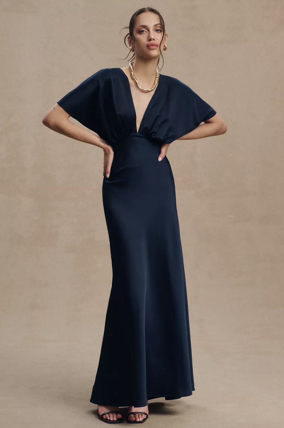 BHLDN Leila Deep-V Flutter-Sleeve Satin A-Line Gown (Photo via Anthropologie)