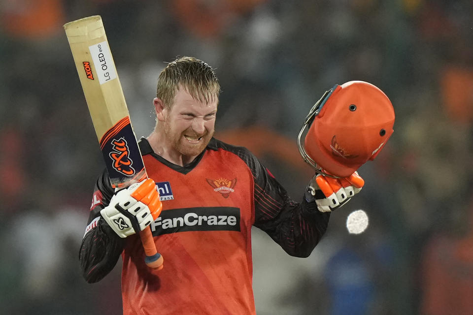 Sunrisers Hyderabads' Heinrich Klaasen celebrates scoring a century during the Indian Premier League cricket match between Sunrisers Hyderabad and Royal Challengers Bangalore in Hyderabad, India, Thursday, May 18, 2023. (AP Photo/Mahesh Kumar A.)