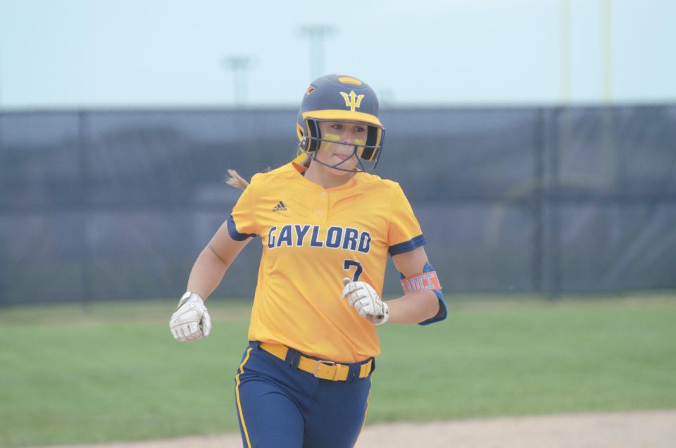 Gaylord freshman Aubrey Jones rounds the bases after hitting a home run in the Division 2 regional semifinal matchup with Big Rapids on Saturday, June 11.