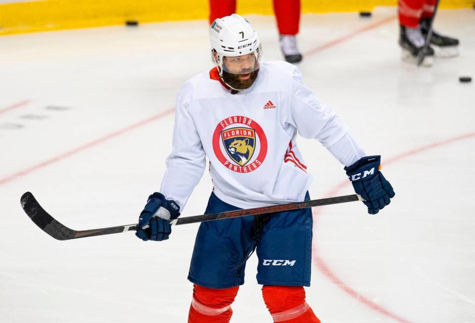 Florida Panthers defenseman Radko Gudas (7) runs drills during the first practice of training camp in preparation for the 2020-21 NHL season at the BB&T Center on Monday, January 4, 2021 in Sunrise.
