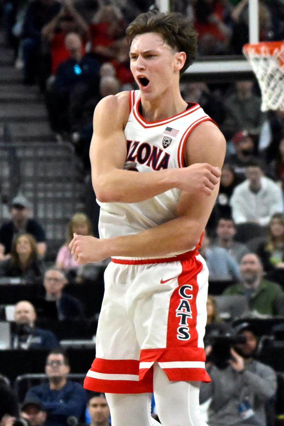 Pelle Larsson #3 of the Arizona Wildcats reacts after a 3-pointer against the USC Trojans in the first half of a quarterfinal game of the Pac-12 Conference basketball tournament at T-Mobile Arena on March 14, 2024, in Las Vegas, Nevada.