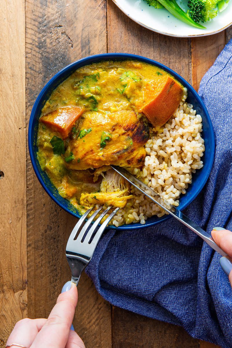 <p>This chicken and sweet potato <a href="https://www.delish.com/uk/curry-recipes" rel="nofollow noopener" target="_blank" data-ylk="slk:curry;elm:context_link;itc:0;sec:content-canvas" class="link ">curry</a> is absolute comfort food goals. Thanks to the spices, it's gorgeously fragrant, and the addition of coconut milk makes it creamy. Normally I'm full-fat all the way, but I've used reduced fat coconut milk this time to make the curry healthier, but this absolutely does not compromise on flavour.</p><p>Get the <a href="https://www.delish.com/uk/cooking/recipes/a30146742/chicken-sweet-potato-curry/" rel="nofollow noopener" target="_blank" data-ylk="slk:Chicken And Sweet Potato Curry;elm:context_link;itc:0;sec:content-canvas" class="link ">Chicken And Sweet Potato Curry</a> recipe.</p>
