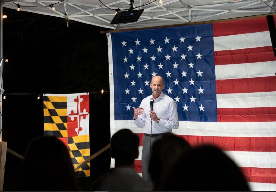 In this file photo, retired United States Air Force Brigadier General John Teichert speaks at a supporter's home in Fort Washington, Maryland in Prince George's County on October 2, 2023 after launching his bid to be the state's next U.S. senator. The Republican candidate withdrew his candidacy in February 2024.
