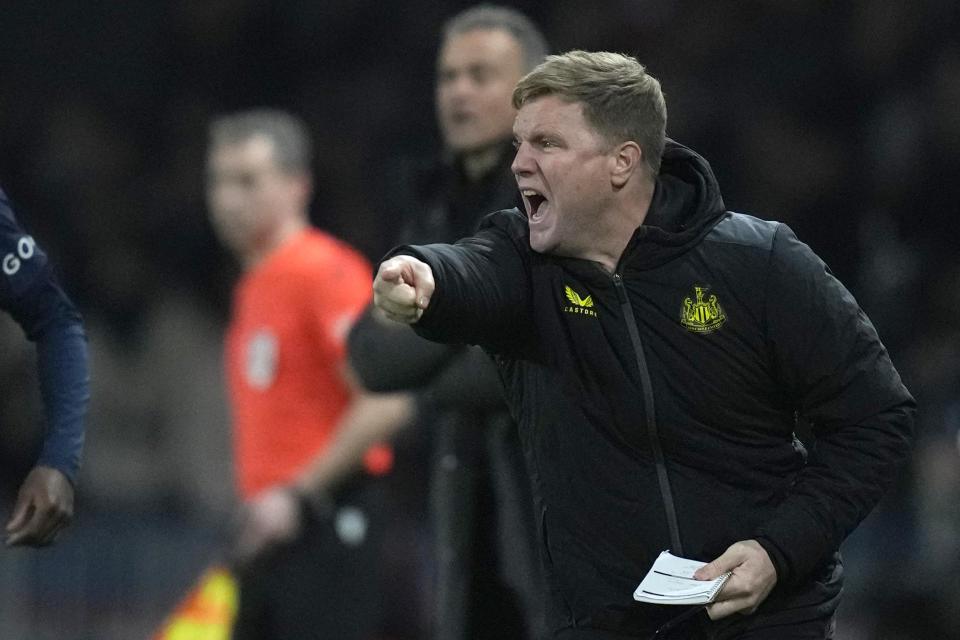 Newcastle's head coach Eddie Howe reacts during the Champions League group F soccer match between Paris Saint-Germain and Newcastle United FC at the Parc des Princes in Paris, Tuesday, Nov. 28, 2023. (AP Photo/Thibault Camus)