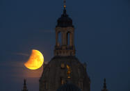 <p>On the night of May 15 into the early morning on May 16, this month's full moon — known as the Flower Moon — glowed red thanks to a total lunar eclipse. </p> <p>Here, the moon in partial eclipse in Saxony on May 16. </p>