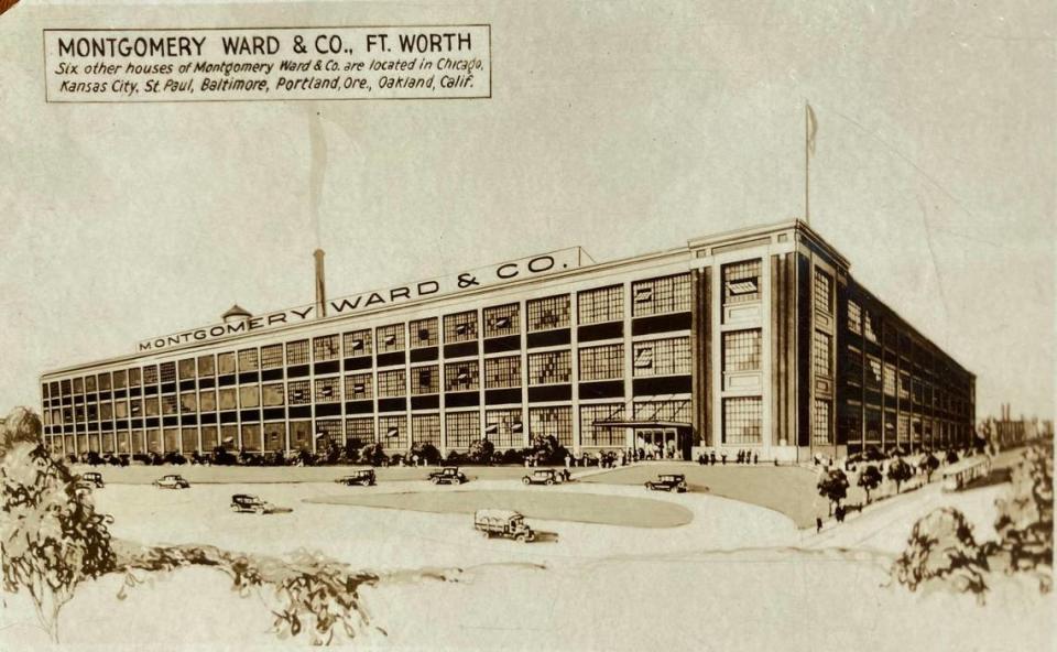 Montgomery Ward used the former Chevrolet assembly plant along West Seventh Street in Fort Worth between 1924 and 1928 while its new building across the street was being constructed. The large “Chevrolet Motor Company” sign on the roof was replaced by one for Montgomery Ward.