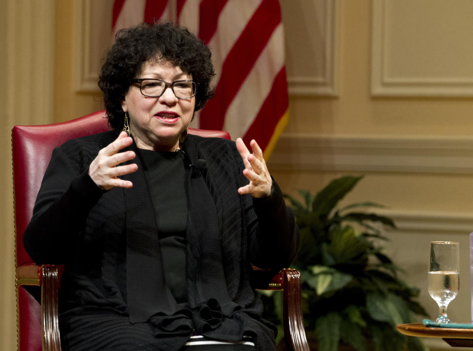 FILE- In this Feb. 14, 2019 file photo, United States Supreme Court Justice Sonia Sotomayor speaks during the 2019 Supreme Court Fellows Program annual lecture at the Library of Congress in Washington. Sotomayor is among 10 people who will be inducted into the National Women's Hall of Fame during a ceremony on Saturday, Sept. 14, 2019. (AP Photo/Jose Luis Magana, File)