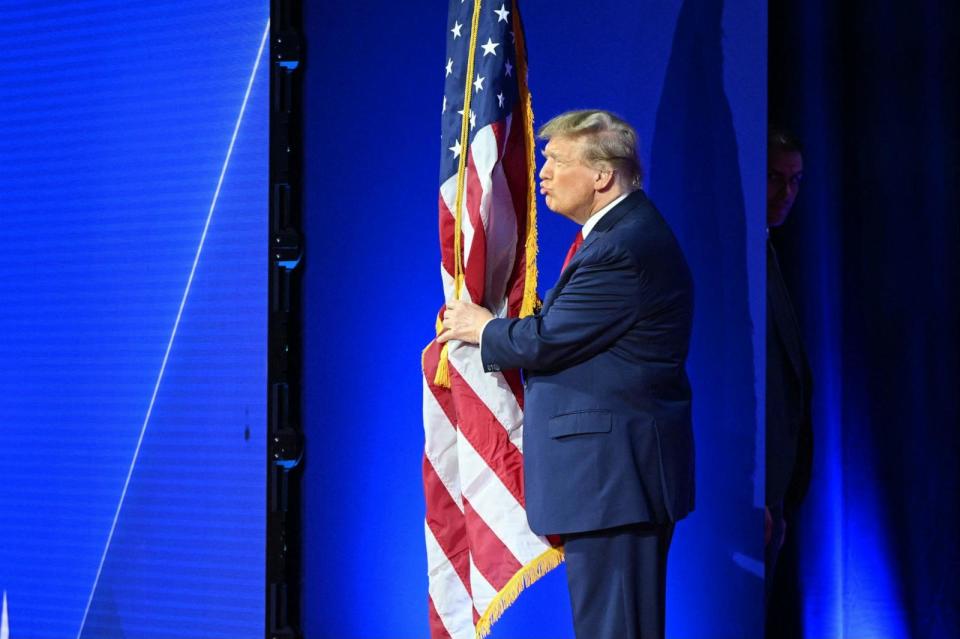PHOTO: Former President and 2024 presidential hopeful Donald Trump arrives to speak during the annual Conservative Political Action Conference (CPAC) meeting on Feb. 24, 2024, in National Harbor, Maryland.  (Mandel Ngan/AFP via Getty Images)