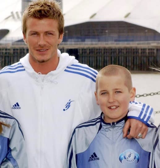 <p>Here’s a current England striker pictured with David Beckham. </p>