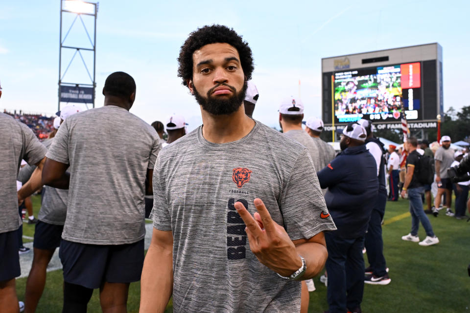 CANTON, OHIO - AUGUST 01: Caleb Williams #18 of the Chicago Bears poses for a photo prior to the 2024 Pro Football Hall of Fame Game against the Houston Texans at Tom Benson Hall Of Fame Stadium on August 01, 2024 in Canton, Ohio. (Photo by Nick Cammett/Getty Images)