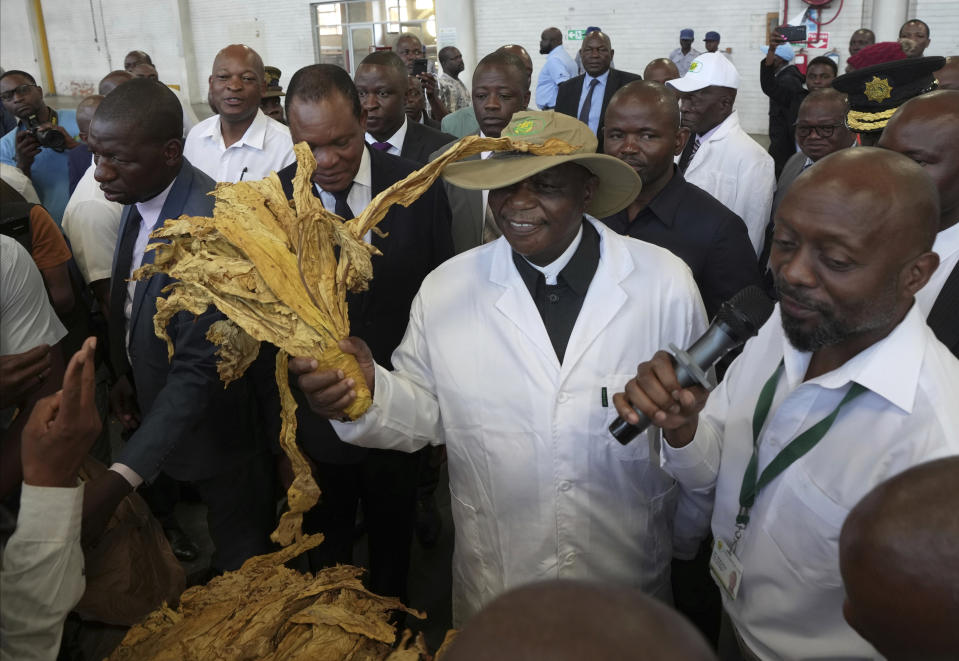 Zimbabwean President Constantino Chiwenga, centre, holds a tobacco leaf while officially opening the tobacco selling season in Harare, Zimbabwe, Wednesday, March 13, 2024. Zimbabwe one of the worlds largest tobacco producers, on Wednesday opened its tobacco selling season. Officials and farmers said harvests and the quality of the crop declined due to a drought blamed on climate change and worsened by the El Niño weather phenomenon.(AP Photo/Tsvangirayi Mukwazhi)