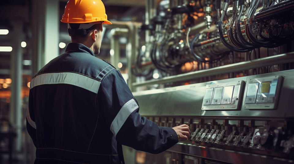 A worker inspecting a chemical process control system at a general industrial facility.