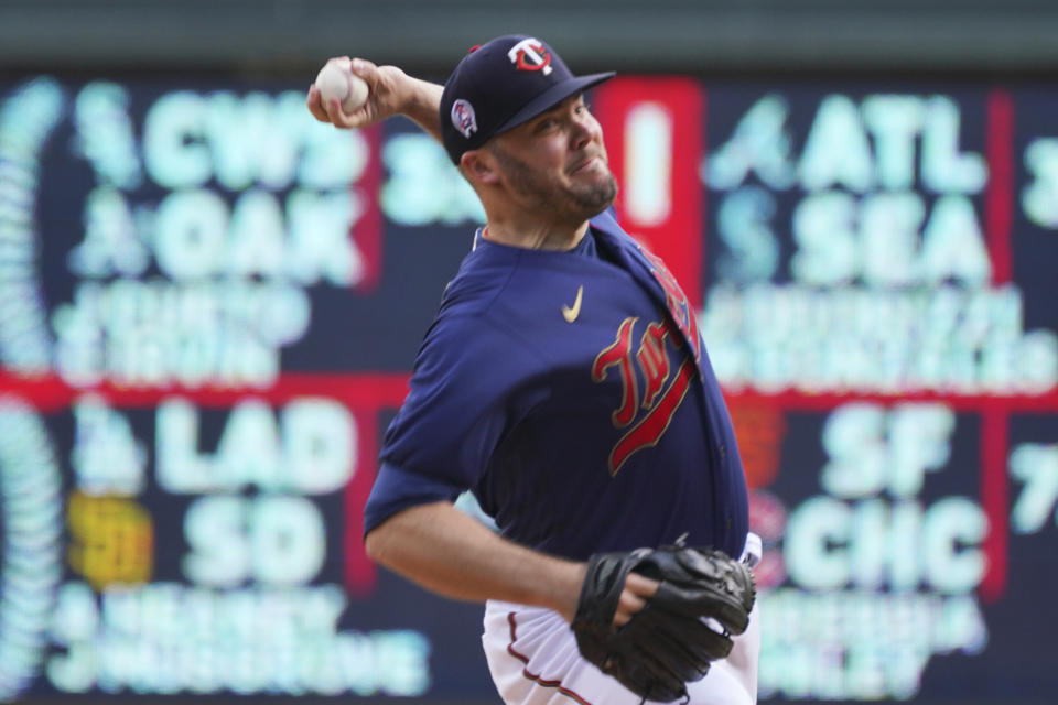 Minnesota Twins pitcher Caleb Thielbar throws in relief against the Cleveland Guardians in the fifth inning of a baseball game, Sunday, Sept 11, 2022, in Minneapolis. (AP Photo/Jim Mone)