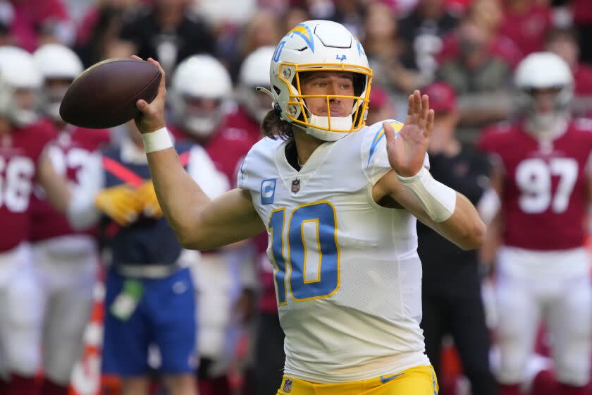 Los Angeles Chargers quarterback Justin Herbert (10) during the first half of an NFL football game.