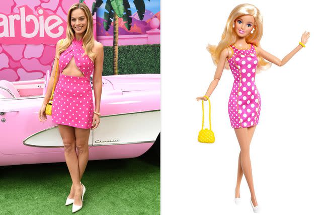 <p>Jon Kopaloff/Getty, Mattel</p> Margot Robbie attends a 'Barbie' event.