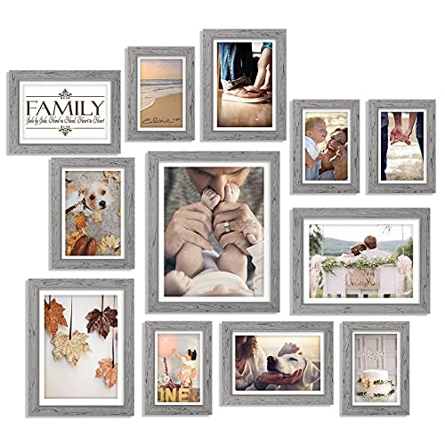 Picture Frames Set for Wall Decor- 12 Pack Family Photo Frames for Wall White Grey Including One 8x10 / Four 5x7 / Five 4x6 / Two 6x8 Inch 12 Pack