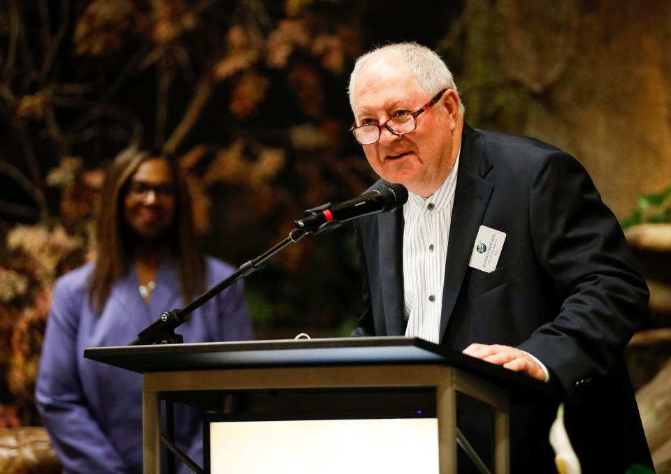 Founding member of the Ozark Mountain Daredevils Randle Chowning speaks during an induction ceremony into the SPS Hall of Fame on Thursday, Oct. 5, 2023.