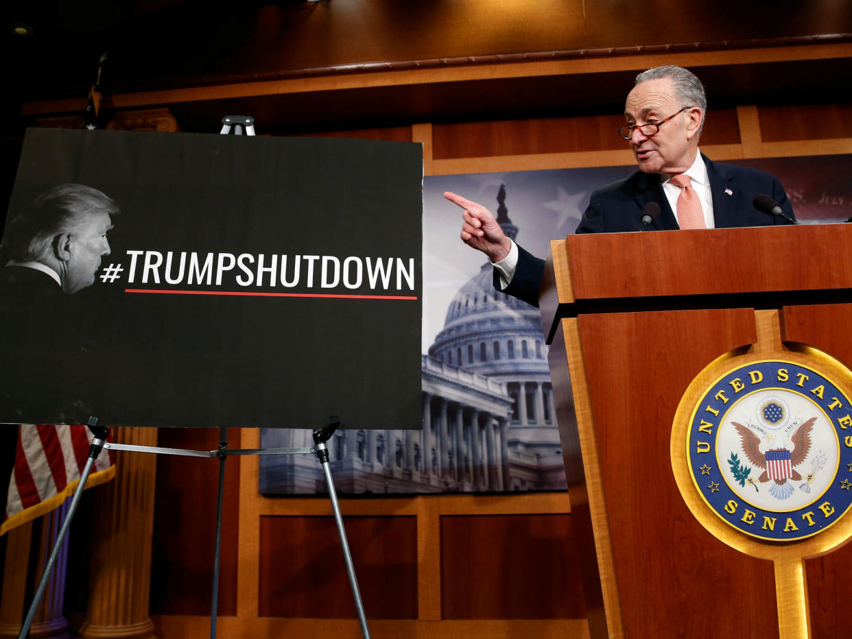 Top Senate Democrat Chuck Schumer seeks to place the blame for a government shutdown on Donald Trump during a news conference: Reuters