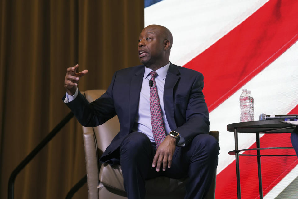 Sen. Tim Scott, R-S.C., speaks at the Vision '24 conference on Saturday, March 18, 2023, in North Charleston, S.C. Organizers are describing the gathering as “casting the conservative vision" for the next White House race. (AP Photo/Meg Kinnard)