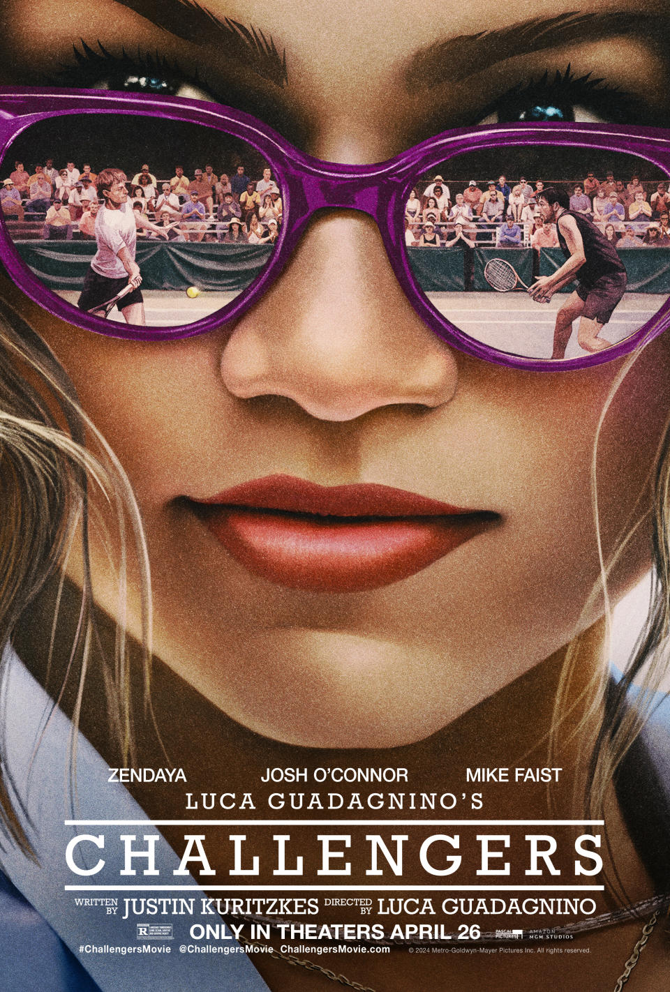 Movie poster for "Challengers" starring Zendaya, with close-up on sunglasses reflecting a tennis scene