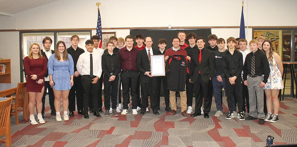 The White Pigeon wrestling team was honored with a visit from State Rep. Steve Carra on Friday afternoon.