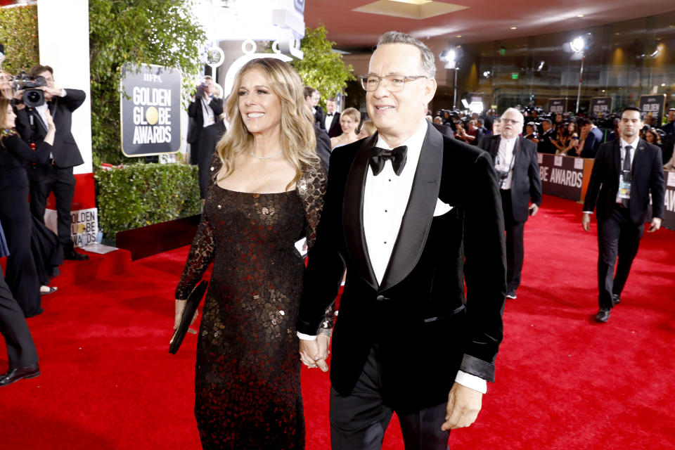 BEVERLY HILLS, CALIFORNIA - JANUARY 05: 77th ANNUAL GOLDEN GLOBE AWARDS -- Pictured: (l-r) Rita Wilson and Tom Hanks arrive to the 77th Annual Golden Globe Awards held at the Beverly Hilton Hotel on January 5, 2020. -- (Photo by Trae Patton/NBC/NBCU Photo Bank via Getty Images)