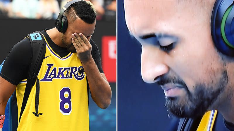 Nick Kyrgios paid an emotional tribute to Kobe Bryant before the match. Pic: Getty/Ch9