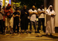 <p>Muslims pray on a sidewalk in the Finsbury Park area of north London after a vehichle hit pedestrians, on June 19, 2017.<br> One person has been arrested after a vehicle hit pedestrians in north London, injuring several people, police said Monday, as Muslim leaders said worshippers were mown down after leaving a mosque. (Daniel Leal Olivias/AFP/Getty Images) </p>