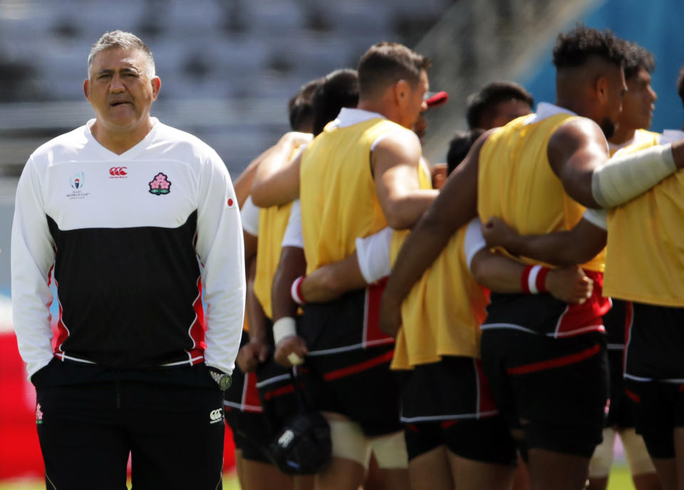 Japan's head coach Jamie Joseph supervises a training session in Tokyo, Japan, Thursday, Sept. 19, 2019. The Rugby World Cup starts Friday, Sept. 20, with Japan playing Russia, and ends with the final on Nov. 2. (AP Photo/Christophe Ena)