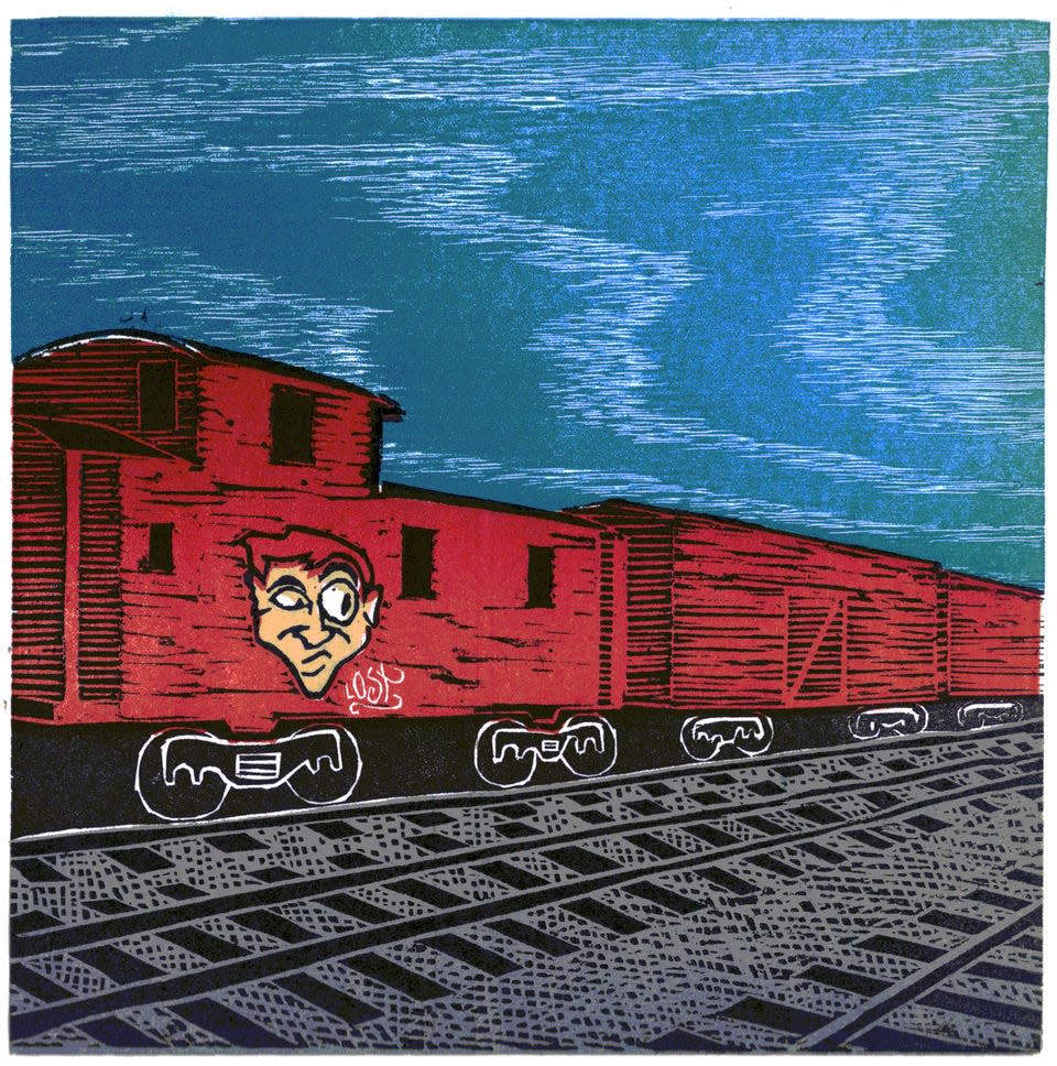 “His Mind Was on the Boxcars,” color woodcut