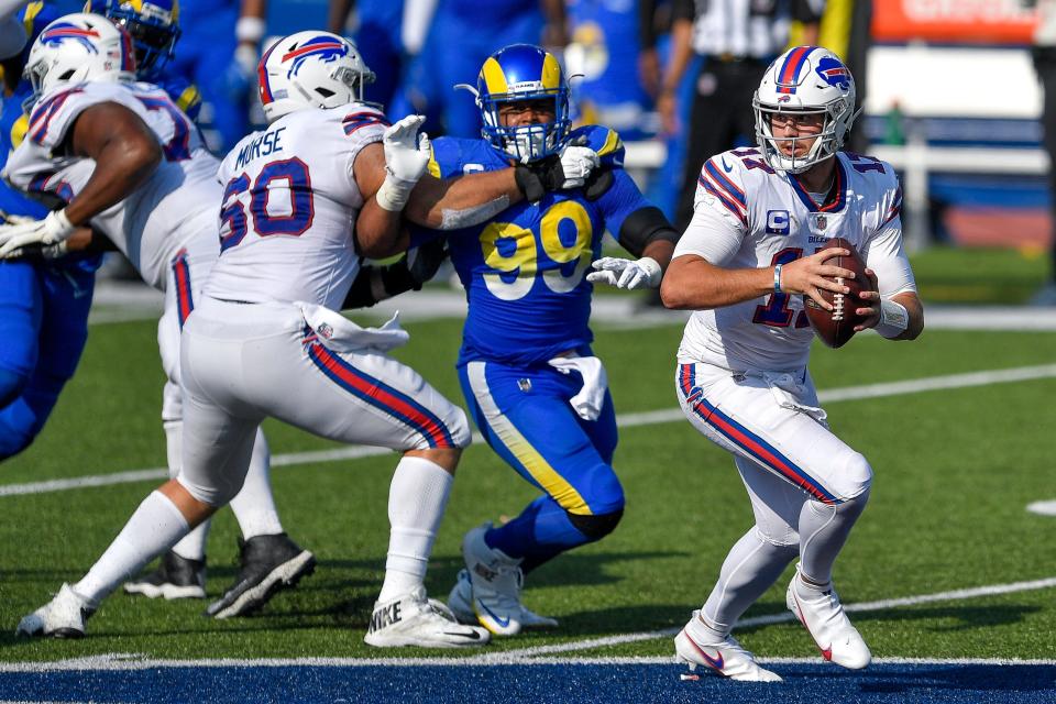 Could Bills QB Josh Allen (17) face the Rams' Aaron Donald in Super Bowl 56, which will be played in Los Angeles?