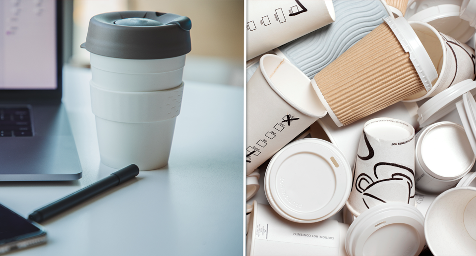 A composite image of a keep cup and a pile of disposable coffee cups.