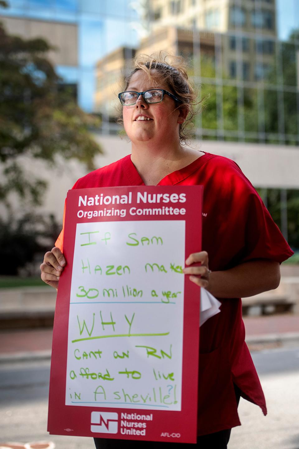Kerri Wilson, a registered nurse at Mission, poses for a picture after attending a union rally at Pack Square, September 7, 2023.