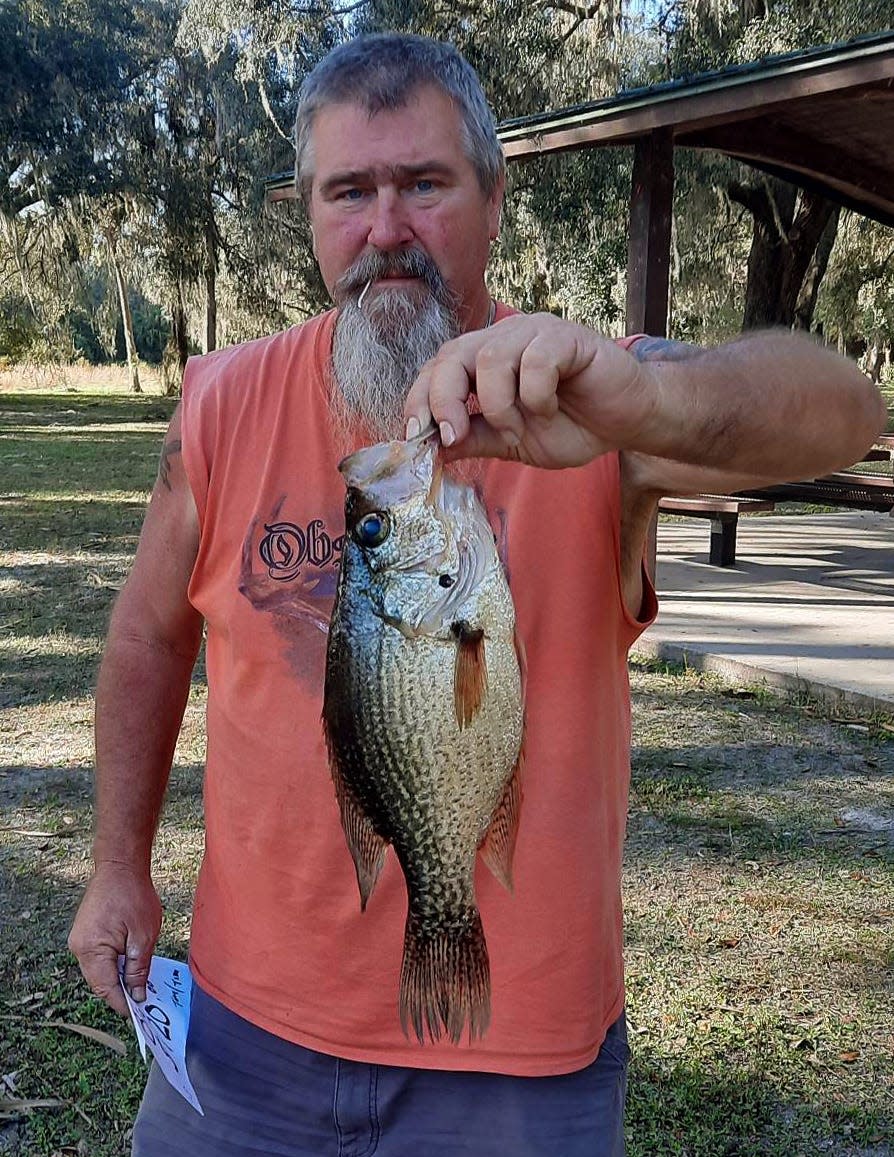 Tim Stephens had big fish with this 1.87-pound speckled perch to help him and his partner Tony Strollo to a total weight of 7.97 pounds and a second place finish during the Florida Crappie Club tournament Nov. 12 at lakes Lochloosa and Orange. 