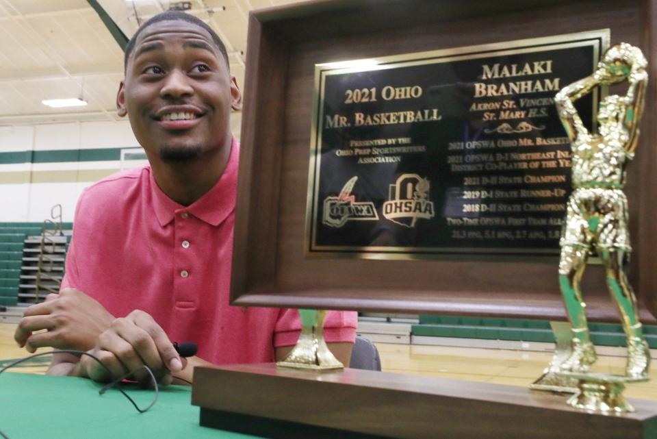 Malaki Branham is all smiles after receiving the 2021 Mr. Basketball award. Branham, an Ohio State signee, scored 1,501 career points and was named first-team all-state twice.