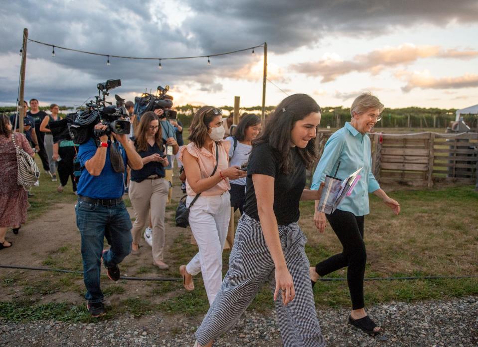 U.S. Sen. Elizabeth Warren leaves a rally at Belkin Family Lookout Farm in Natick, Aug. 24, 2022.