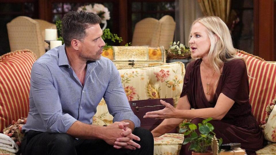 Joshua Morrow and Sharon Case as Nick and Sharon talking on The Young and the Restless