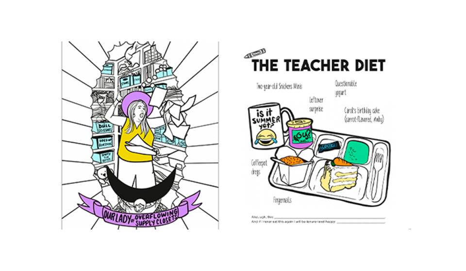 Coloring pages of teacher in a crazy supply closet and funny things teachers eat. 