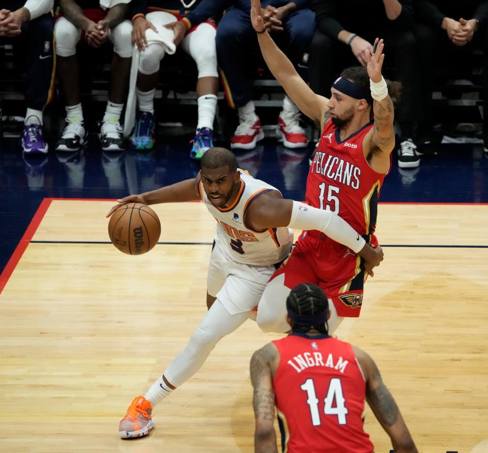 Apr 22, 2022; New Orleans, Louisiana, U.S.;  Phoenix Suns guard Chris Paul (3) is fouled by New Orleans Pelicans guard Jose Alvarado (15) during Game 3 of the Western Conference playoffs. Mandatory Credit: Michael Chow-Arizona Republic