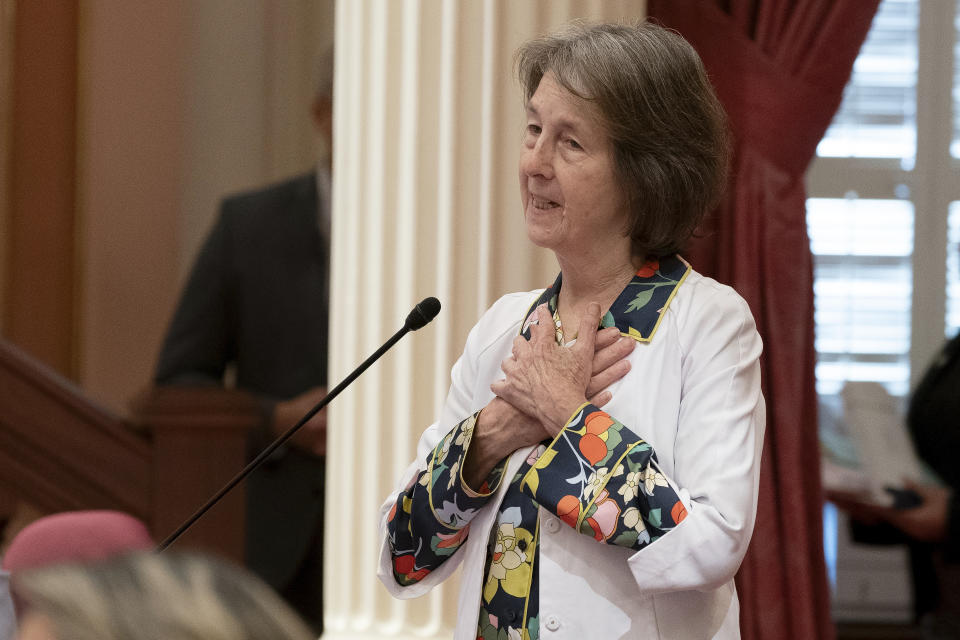 State Sen. Nancy Skinner, D-Berkeley, chair of the Senate budget committee, calls for passage of the state budget at the Capitol in Sacramento, Calif., Tuesday , June 27, 2023. Both houses approved the $310.8 billion spending plan that covers the nearly $32 billion budget deficit without raiding the state's saving account. (AP Photo/Rich Pedroncelli)