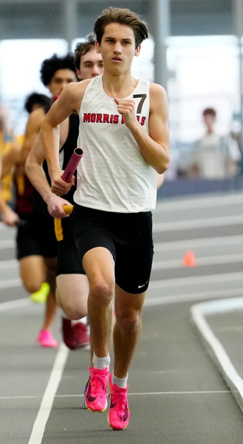 Senior Charlie Champagne runs the second leg of Morris Hills' 4x800-meter relay at the NJSIAA Meet of Championships, Sunday, March 3, 2024, in Staten Island.