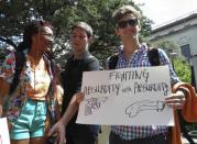 A University of Texas students attend a protest against a state law that allows for guns in classrooms at college campuses, in Austin, Texas, U.S. August 24, 2016. REUTERS/Jon Herskovitz