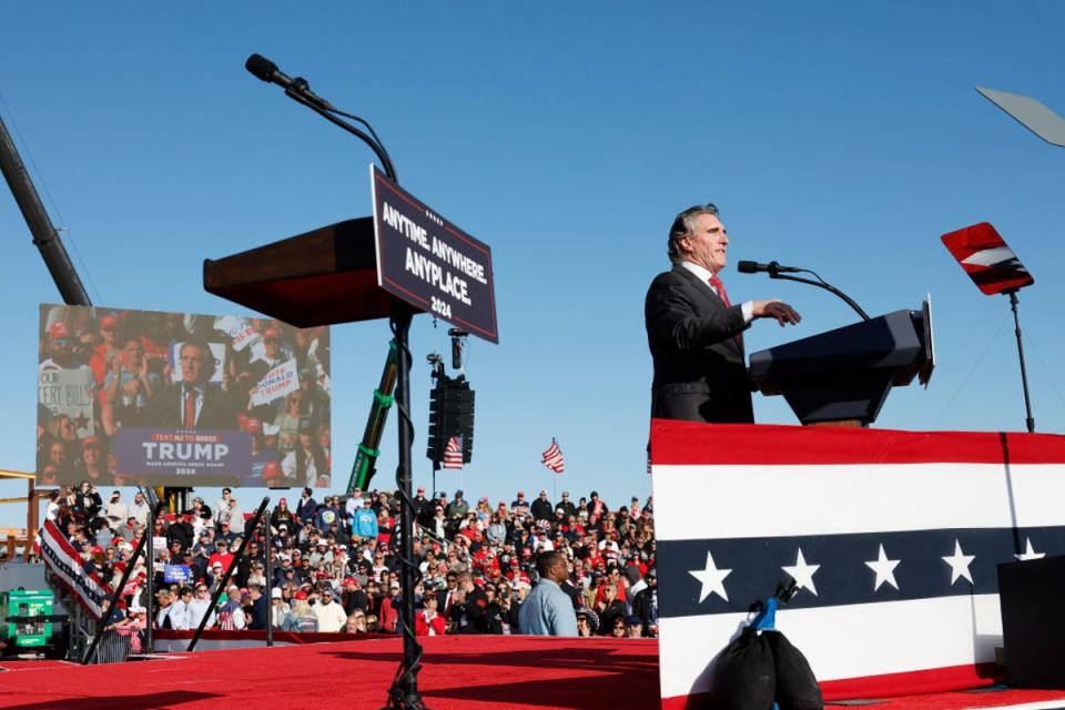 North Dakota Governor Doug Burgum speaks at Donald Trump’s campaign rally in Wildwood, New Jersey on Saturday 11 May (Getty Images)